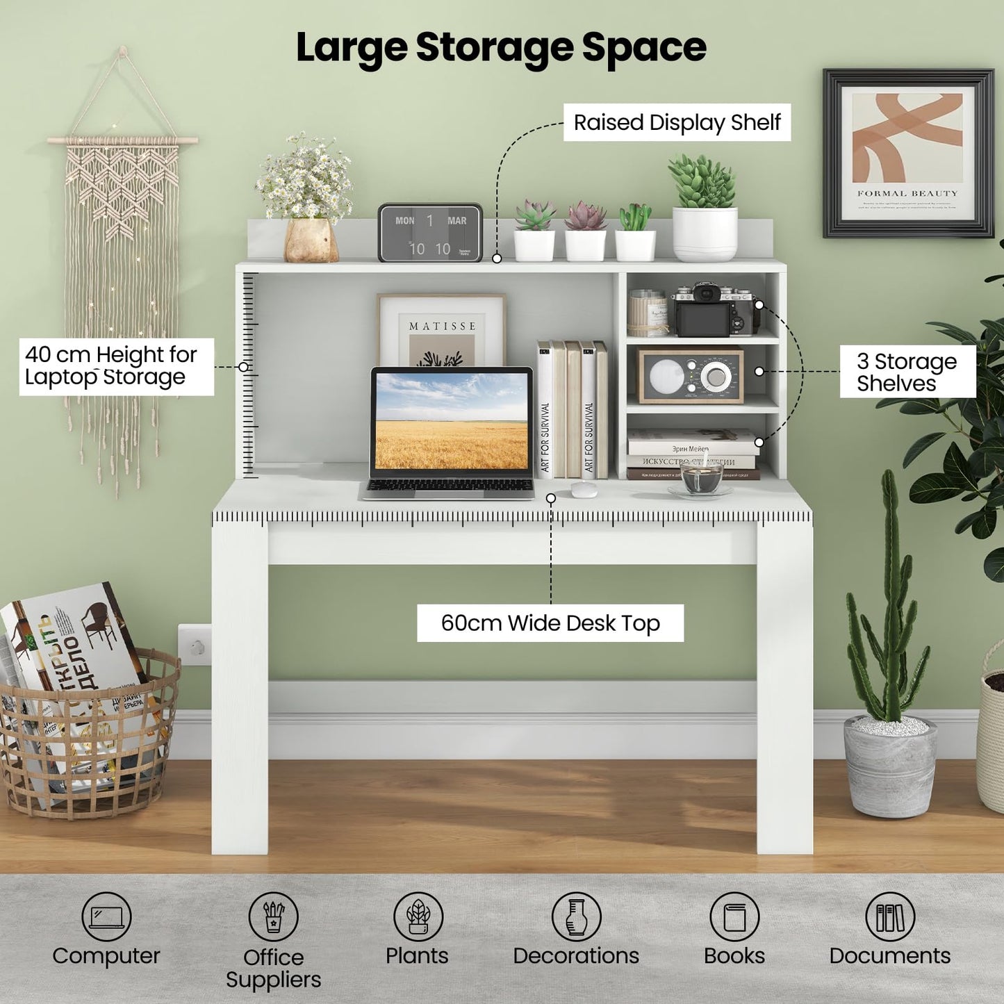 Computer Desk with 3 Storage Shelves and Cable Hole for Study