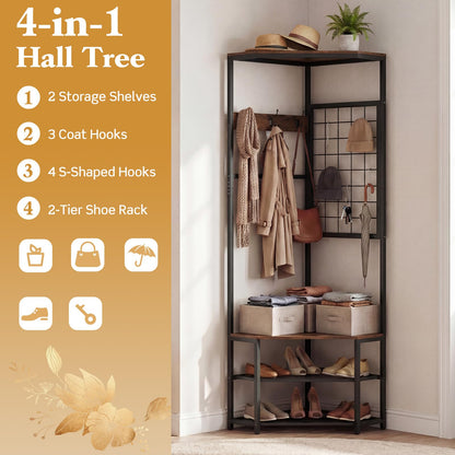 4-in-1 Freestanding Coat Rack with Storage Shelves Removable Hooks and Shoe Racks