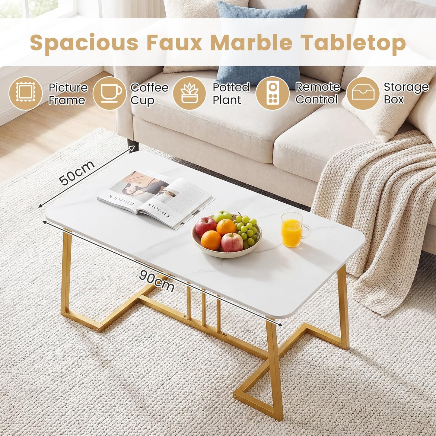 Coffee Table for Living Room, 90cm Marble Effect Center Table