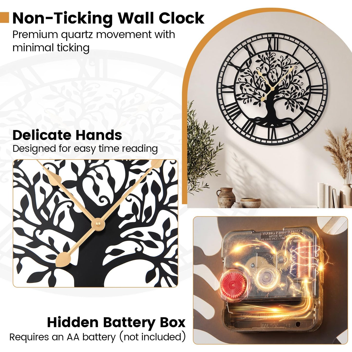 Large Wall Clock, 27”/68cm Metal Non-Ticking Decorative Clock