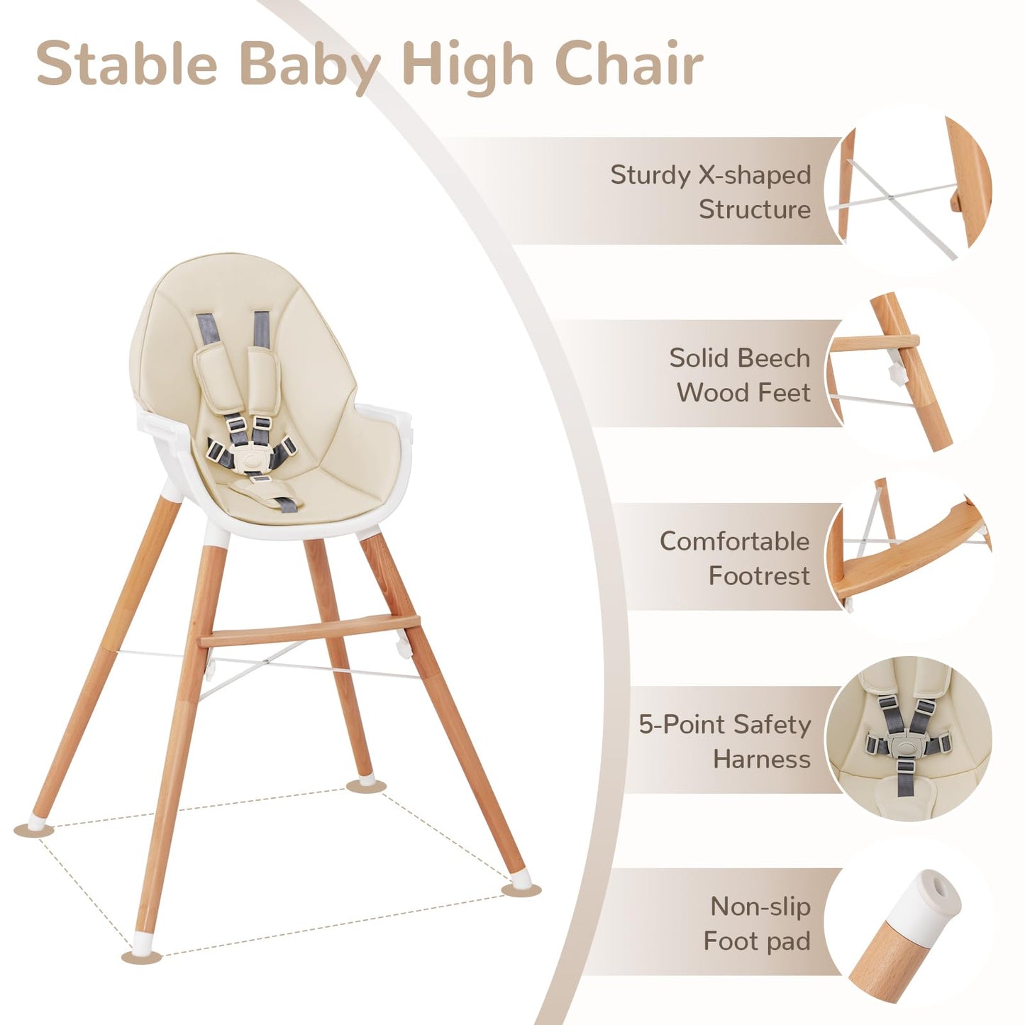 High Chair for Babies and Toddlers, Wooden Baby Highchair