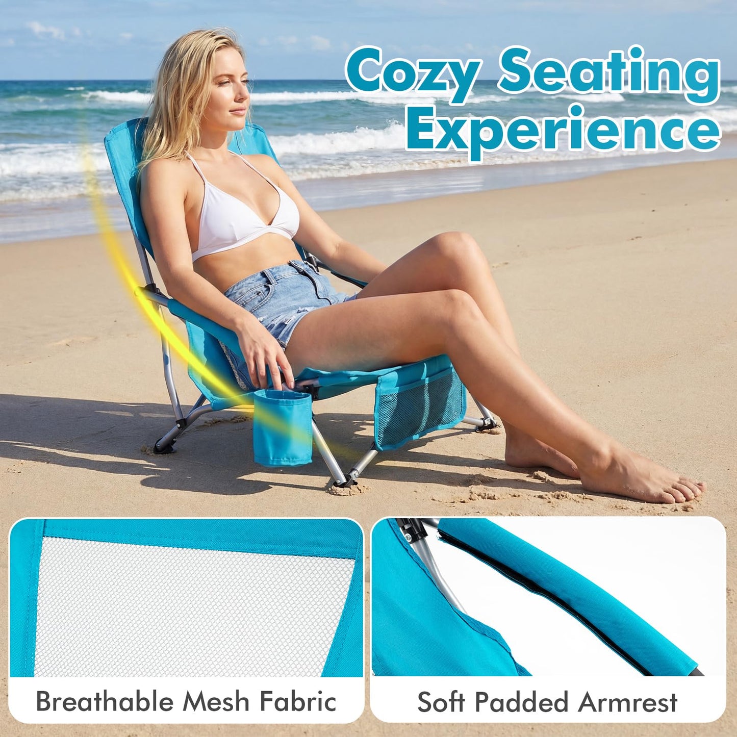 Folding Beach Chair with Padded Armrests and Storage Pocket