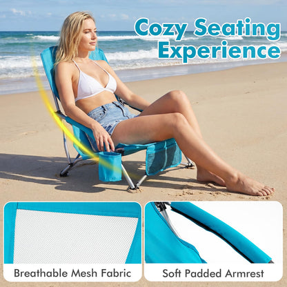 Folding Beach Chair with Padded Armrests and Storage Pocket