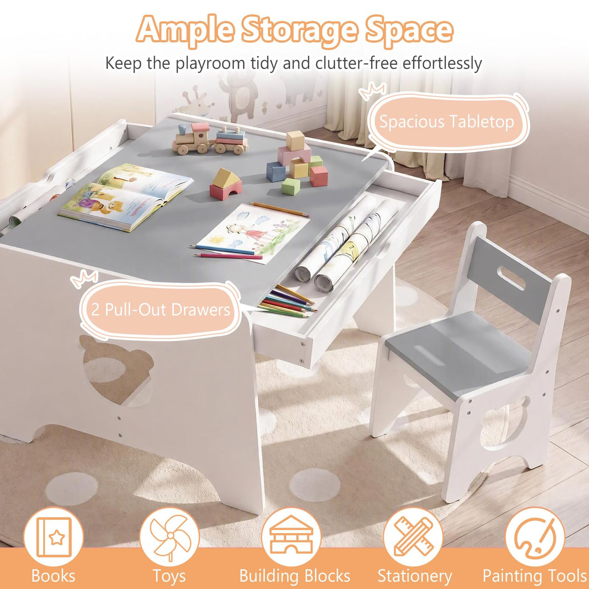 Kids Table and Chair Set, Wooden Children Activity Table
