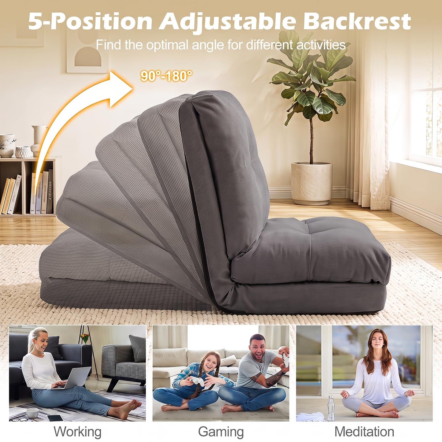 Folding Sofa Chair, 5-Position Adjustable Floor Chair Bed