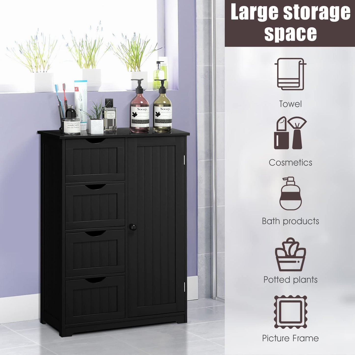 Freestanding Storage Cupboard with Adjustable Shelf and Drawers