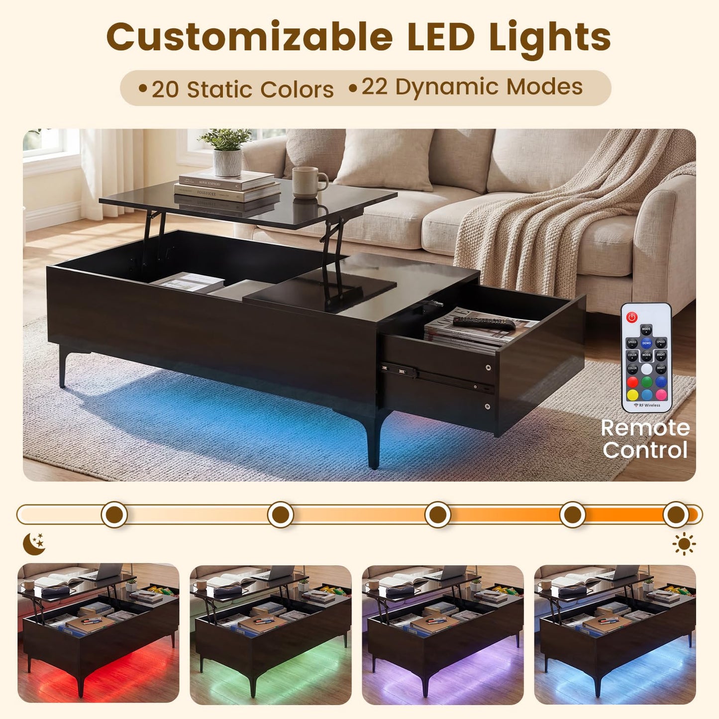 Lift Up Top Coffee Table with LED Lights, High Gloss Lifting Cocktail Center Table