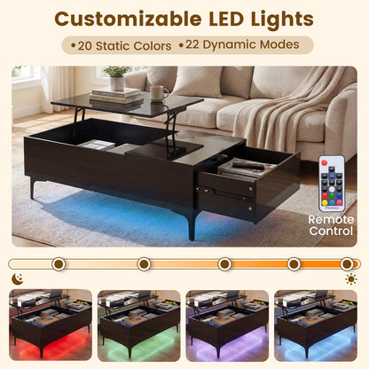 Lift Up Top Coffee Table with LED Lights, High Gloss Lifting Cocktail Center Table