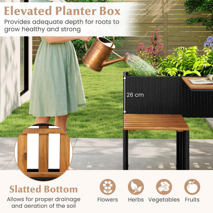 PE Rattan Garden Planter Table with Built-in Chairs and Storage Space