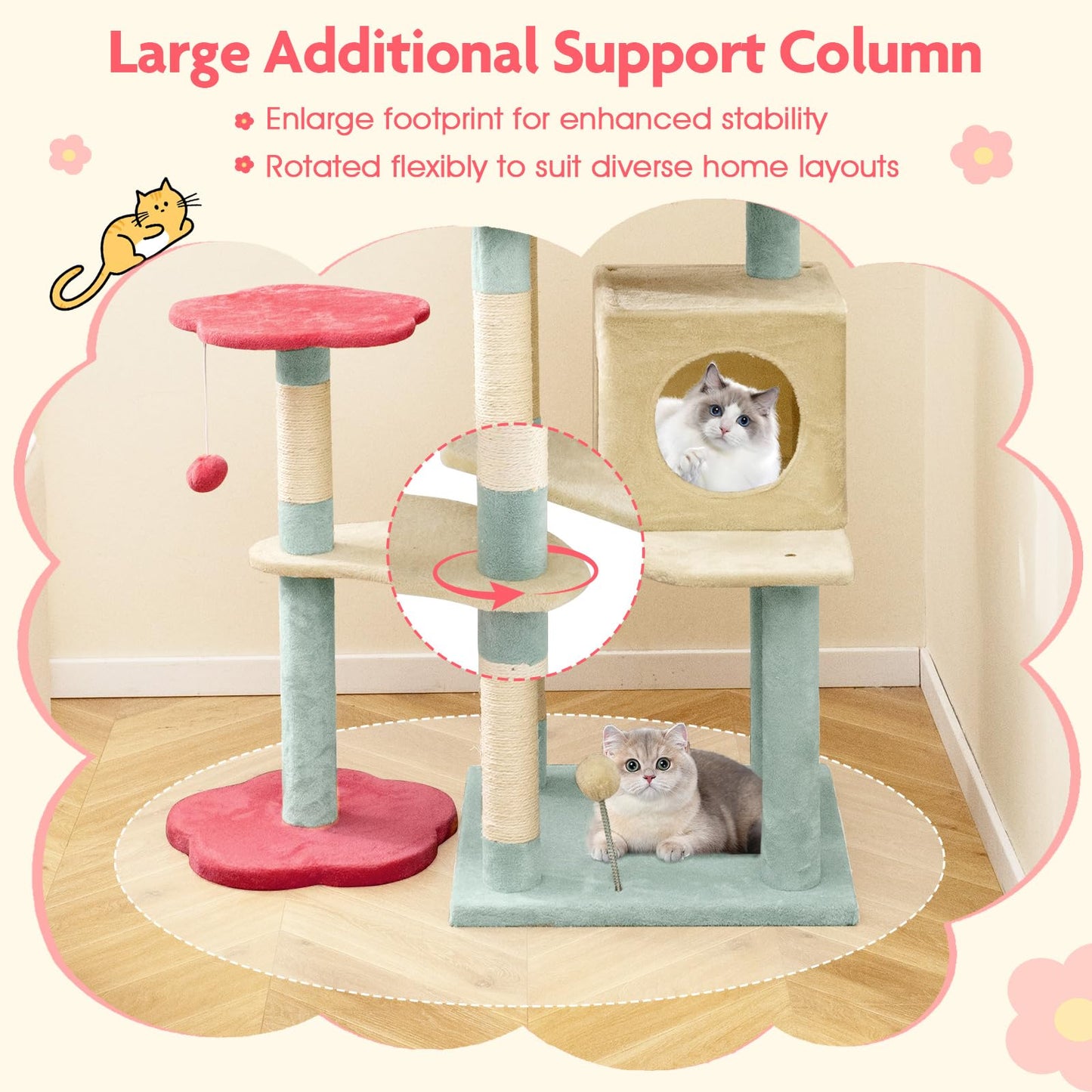 Multi-Level Aesthetic Floral Kitten Tower with Flower-Shaped Padded Perch