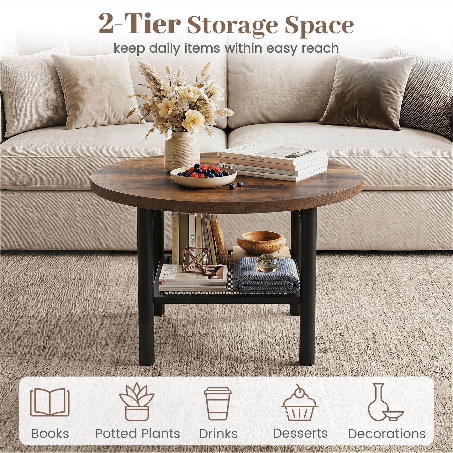 2-Tier Round Coffee Table with Storage