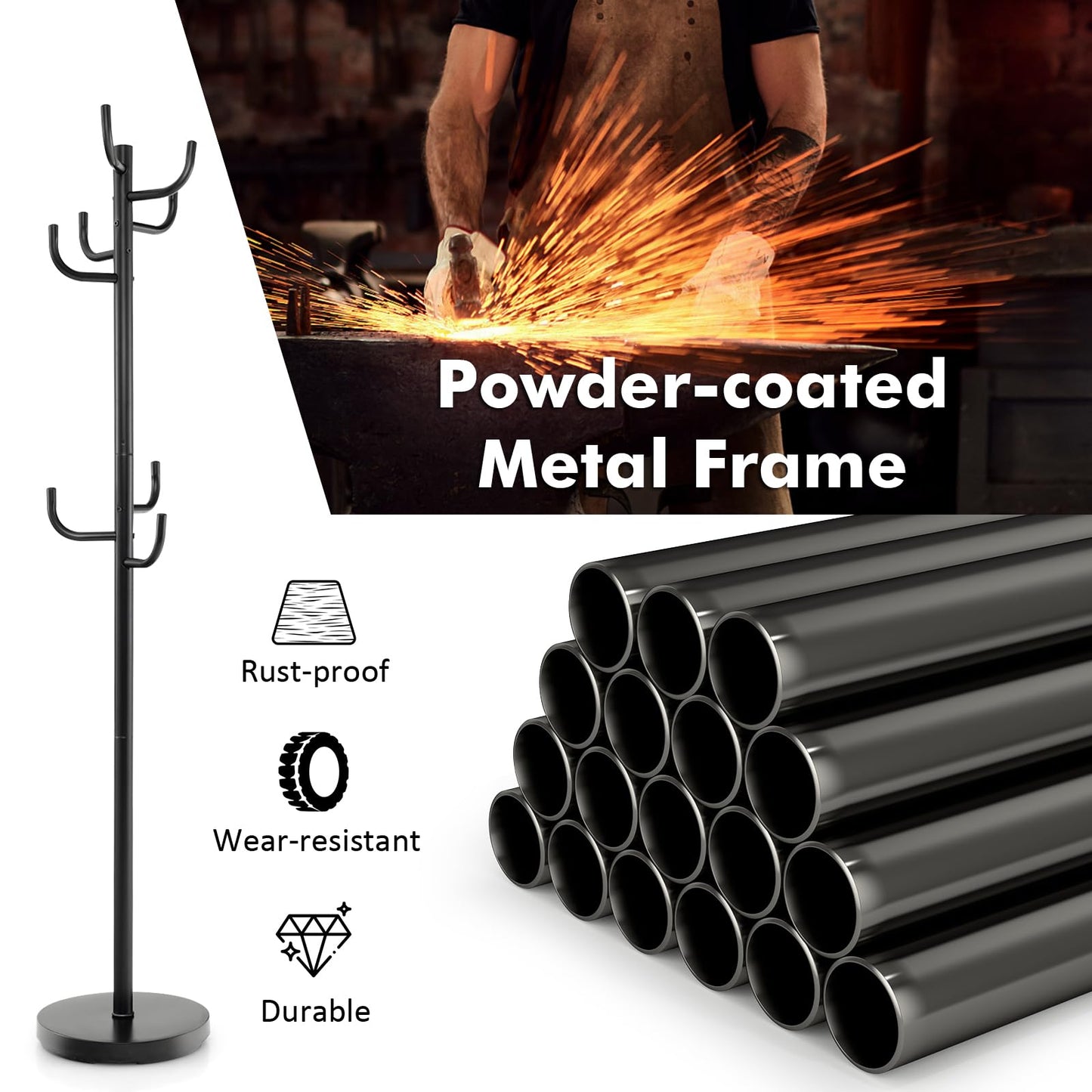 Metal Coat Rack, Freestanding Clothes Hanger with 8 Hooks