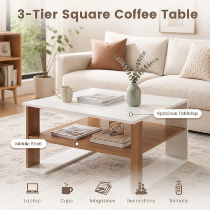 Wooden Square Coffee Table with Storage and Open Shelf for Living Room