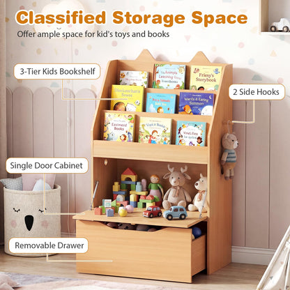 Wooden Kids Bookshelf with Movable Drawer & Chalkboard for Playroom Nursery