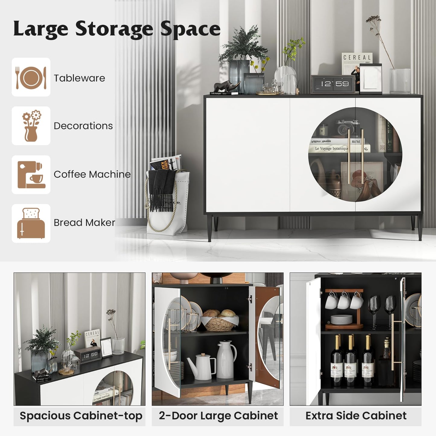Wooden Storage Cabinet with 3 Doors for Dining Living Room
