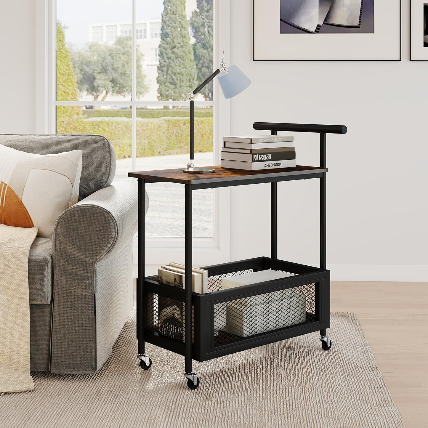 Rolling End Table with Handle 2-Tier Sofa Side Table with Open Shelf