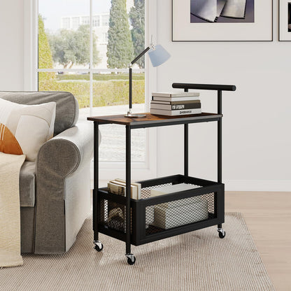 Rolling End Table with Handle 2-Tier Sofa Side Table with Open Shelf