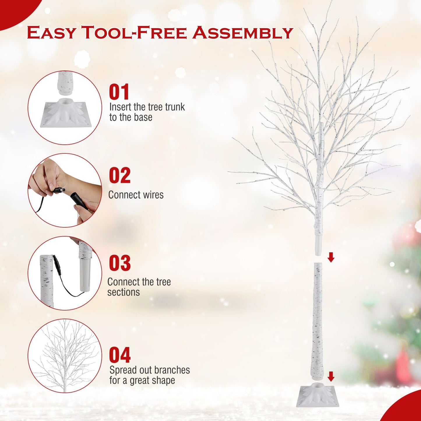 Lighted Birch Tree Set Birch Christmas Tree with Branch Tips LED Lights and Metal Bases