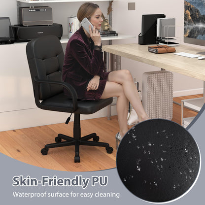 Leather Office Chair PU Upholstered Swivel Chair with Ergonomic Back and Curved Armrests