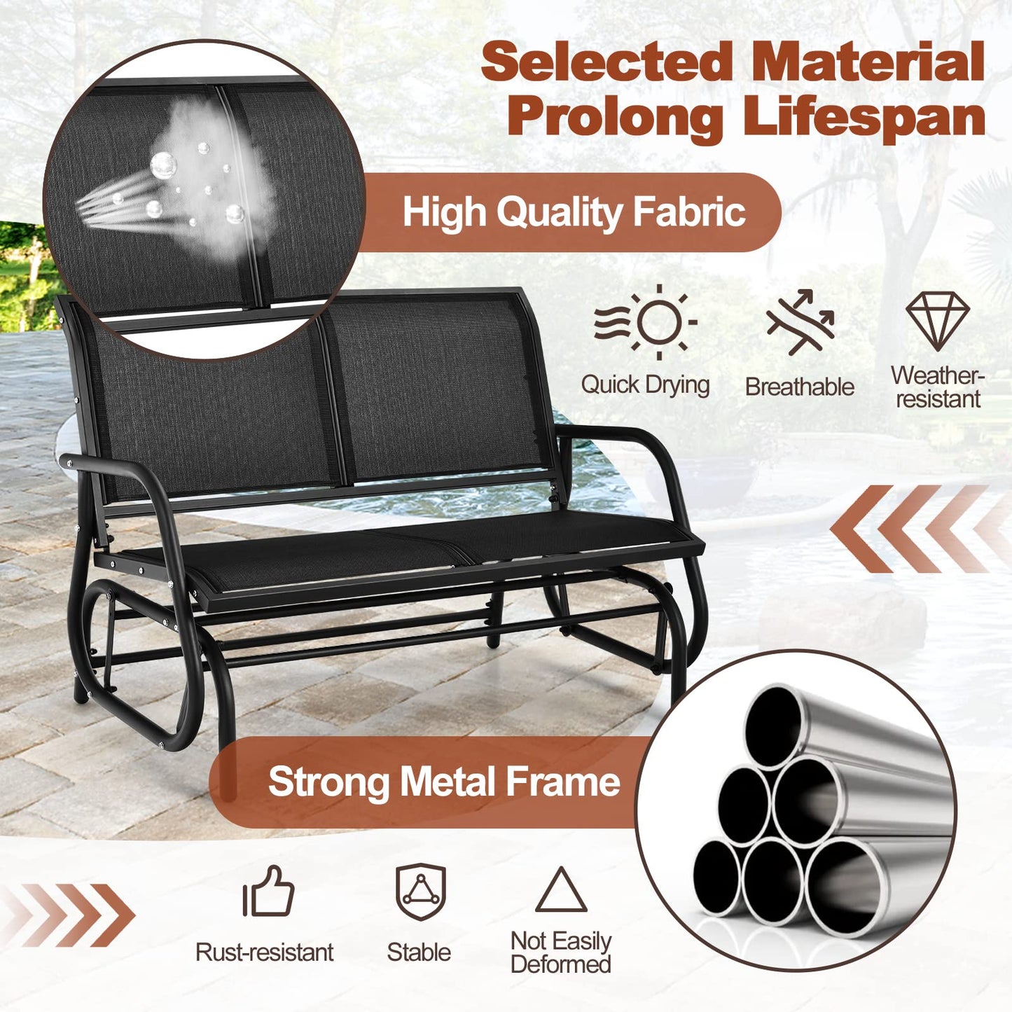 2-Person Outdoor Steel Frame Fabric Glider Bench