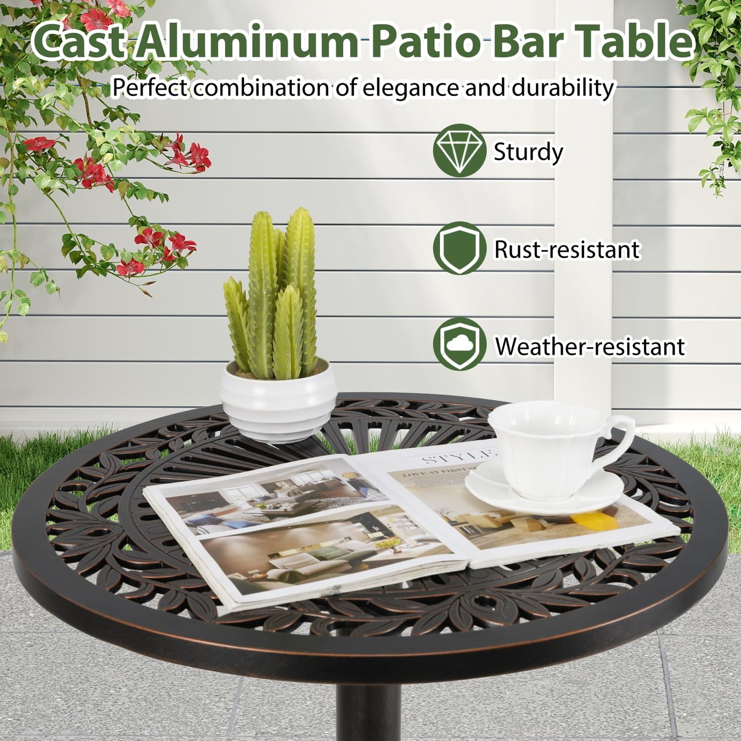 61 x 61 x 105 cm Cast Aluminum Round Bistro Table with Carved Texture