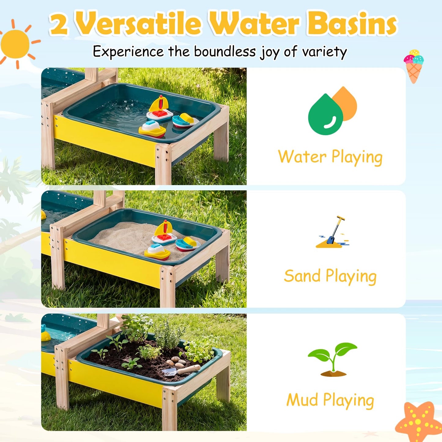 Fir Wood Montessori Sensory Play Activity Table with 2 Water Basin and Submarine Toys for Boys and Girls 3+
