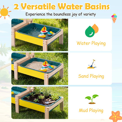 Fir Wood Montessori Sensory Play Activity Table with 2 Water Basin and Submarine Toys for Boys and Girls 3+