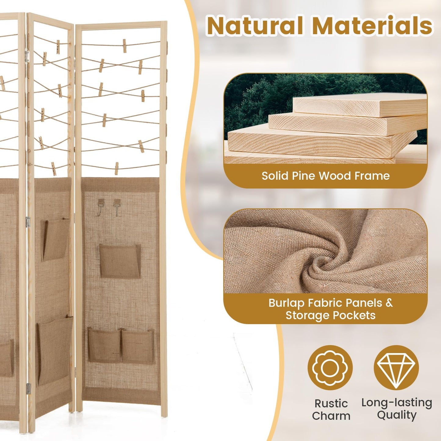 3 Panel Folding Room Divider with 8 Pockets