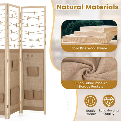 3 Panel Folding Room Divider with 8 Pockets
