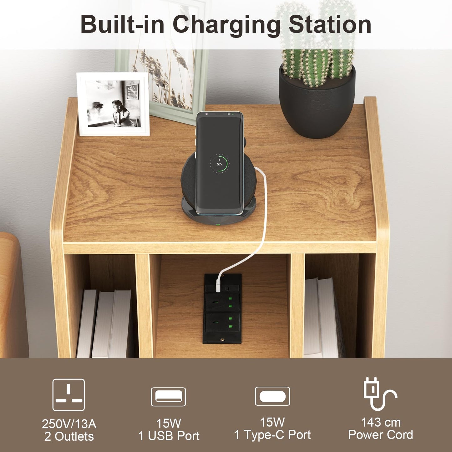 Record Player Stand with 4 Open Shelves Power Outlet USB Charging Port