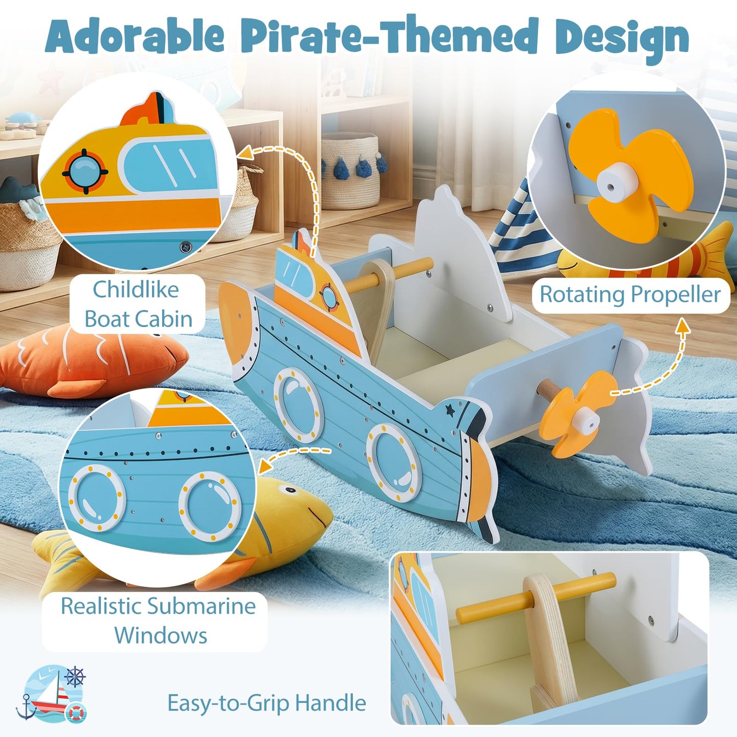 Kids Rocking Boat, Submarine-Themed Wooden Rocking Ship Toy with Rotating Propeller