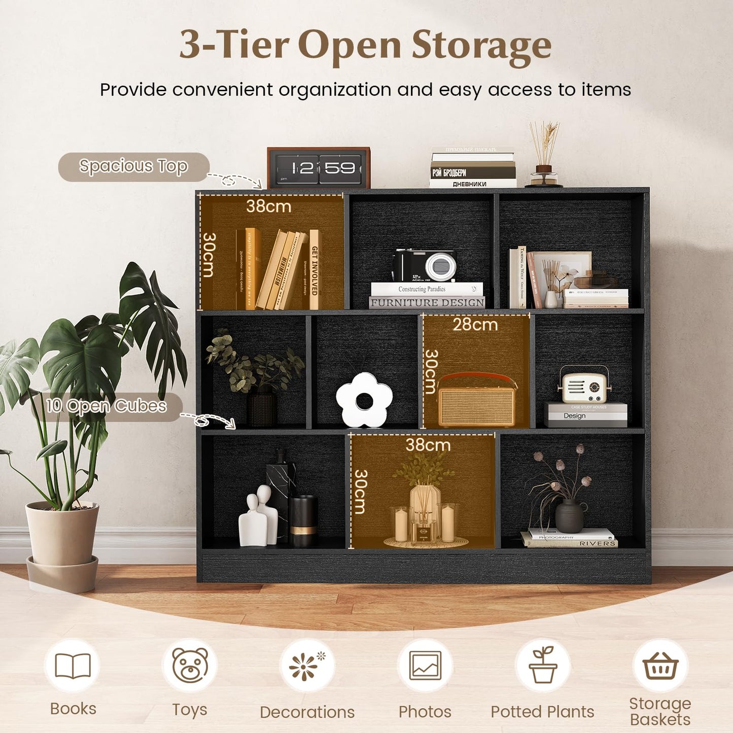 10-Cube Bookshelf Freestanding Storage Organizer with 2 Anti-Tipping Kits