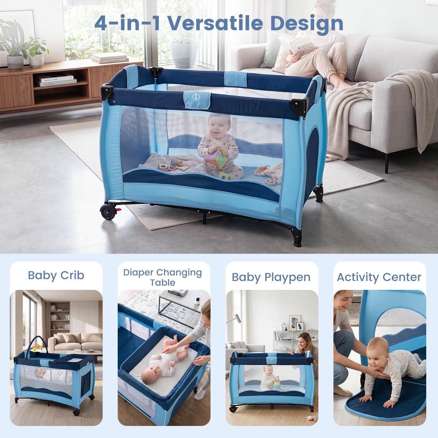 4 in 1 Pack and Play Foldable and Portable Baby Playard with Diaper Changing Table and 3 Hanging Toys
