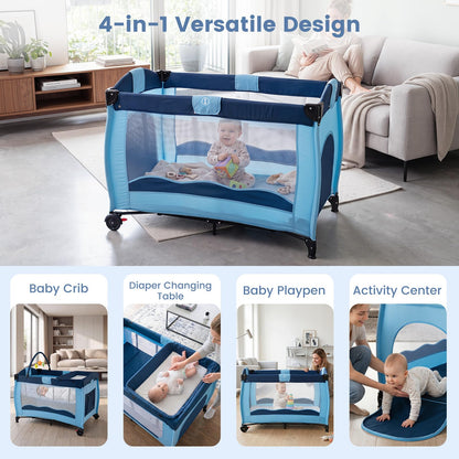 4 in 1 Pack and Play Foldable and Portable Baby Playard with Diaper Changing Table and 3 Hanging Toys