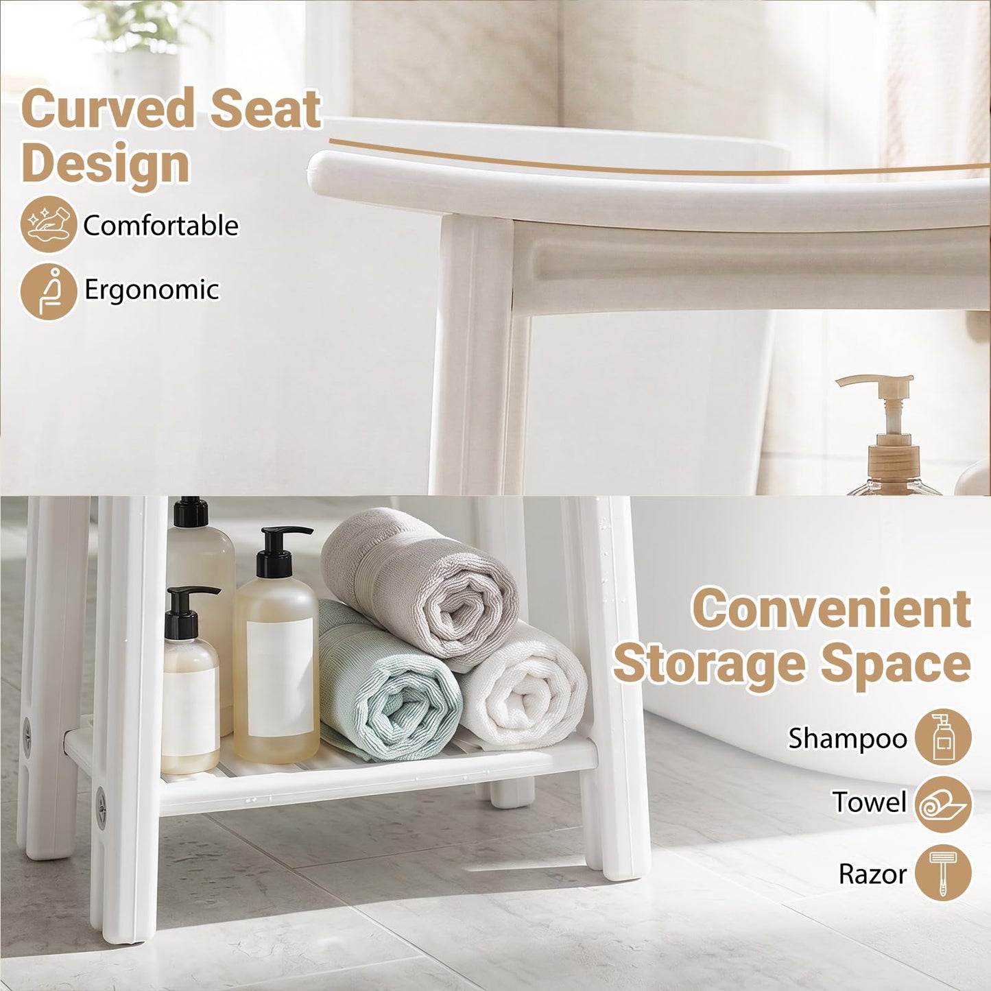 Shower Bench, HDPE Waterproof Bathroom Stool Seat for Inside Shower | Shelf, Handles, Shower Head Holders