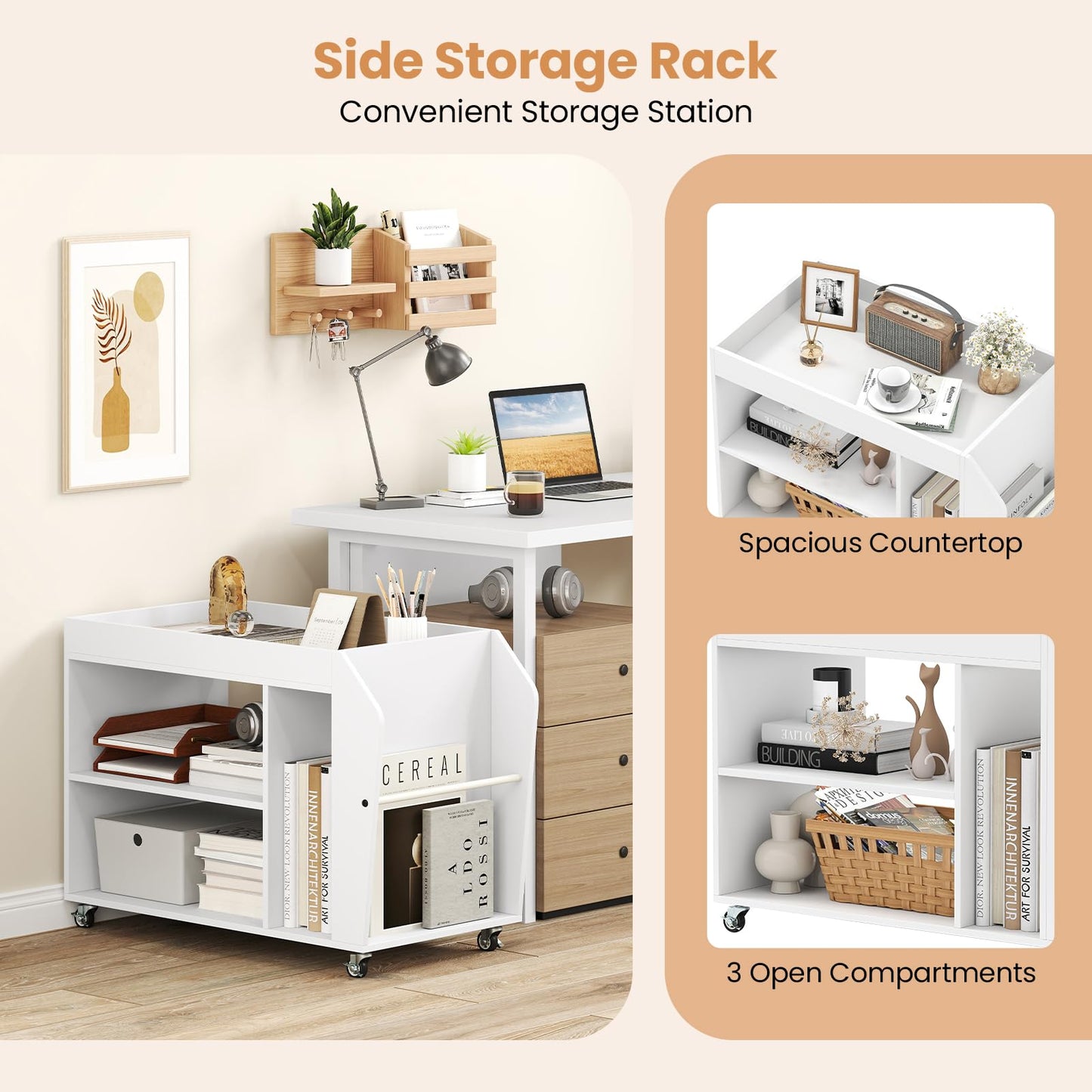3 Tier Side End Table Rolling Nightstand with Universal Wheels