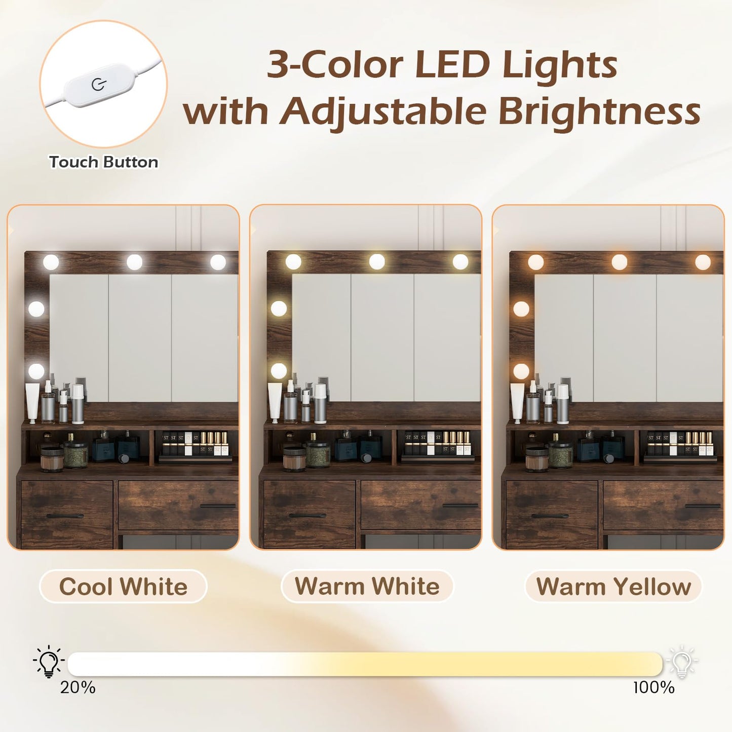 Dressing Table with Large Mirror and Cushioned Storage Stool