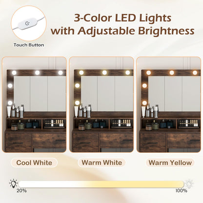 Dressing Table with Large Mirror and Cushioned Storage Stool