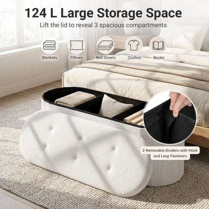 Oval Storage Ottoman Bench, Boucle Folding Footstool