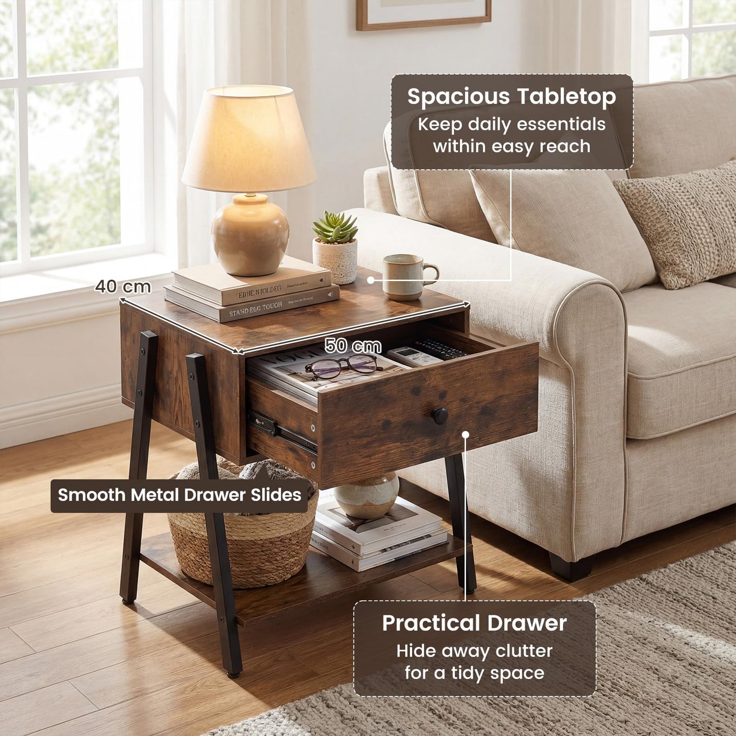 Bedside Table with Drawer, Industrial Nightstand End Sofa Side Table with Open Storage Shelf
