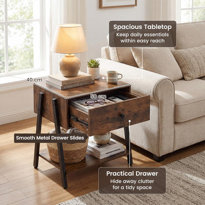 Bedside Table with Drawer, Industrial Nightstand End Sofa Side Table with Open Storage Shelf