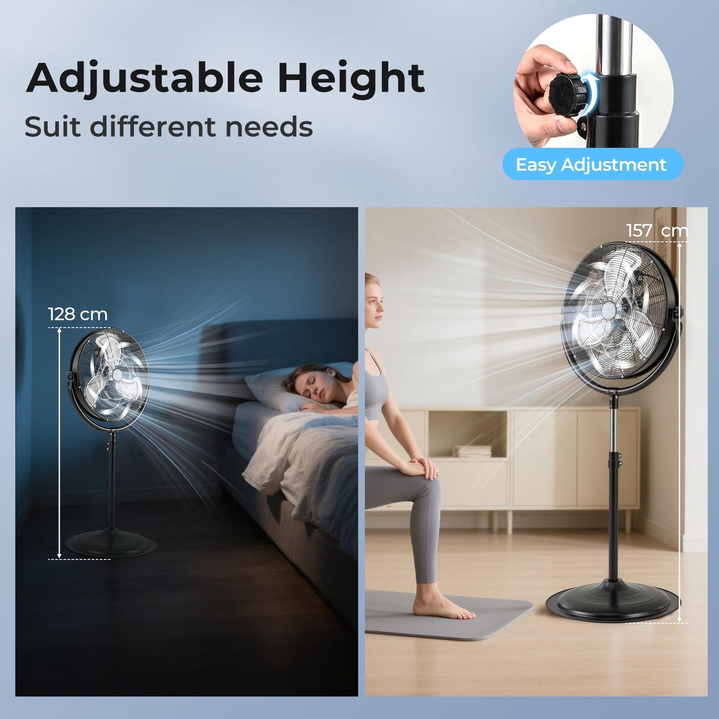 Height & 360° Tilt Adjustable Standing Floor Fan with 3 Speeds & Aluminum Blades