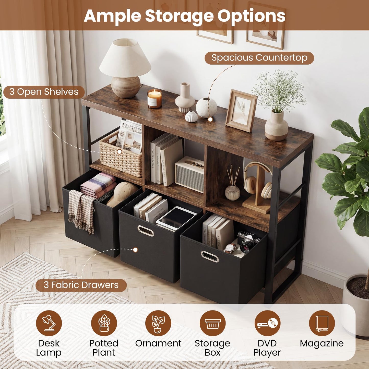 6 Cube Storage Organizer with 3 Storage Bins Sturdy Metal Frame and 3 Open Shelves
