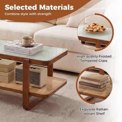 2-Tier Rattan Coffee Table, Frosted Tempered Glass Center Table