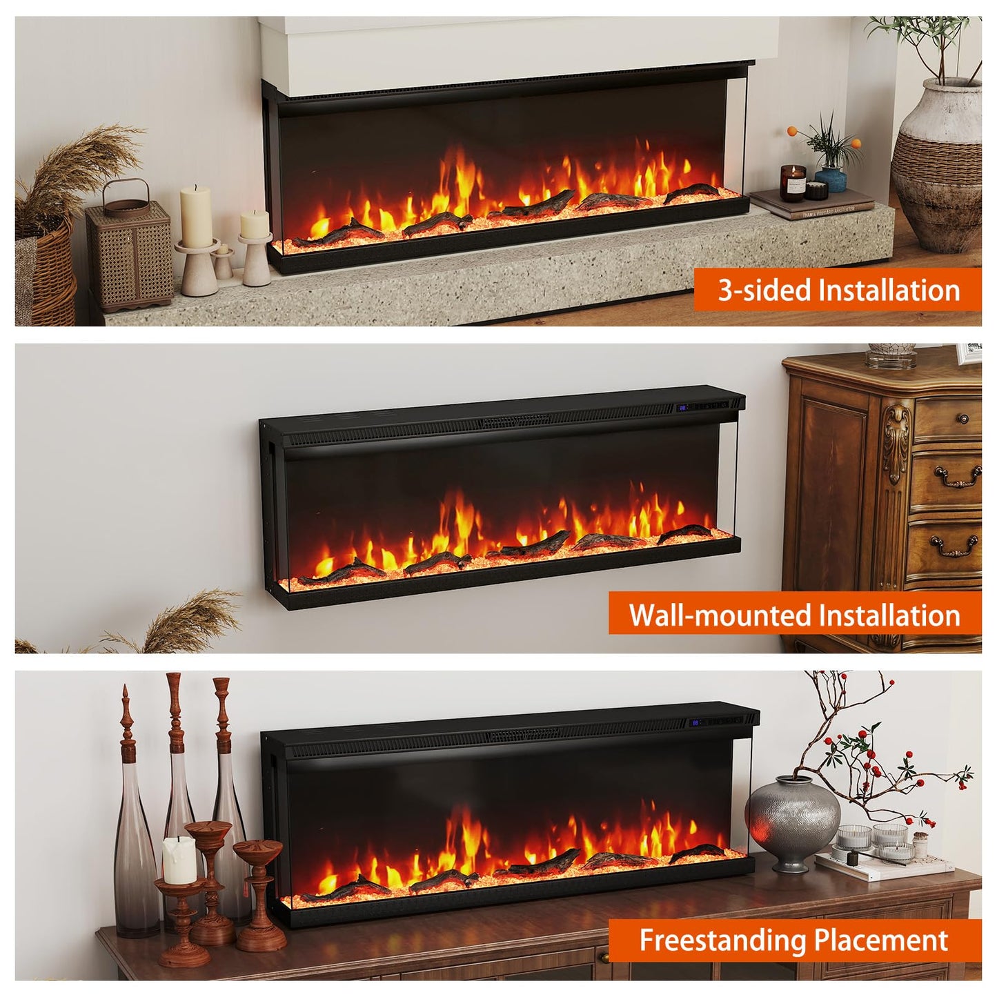 3 Sided Electric Fireplace 50 inch Recessed/Wall-Mounted/Freestanding Fire Place Heater