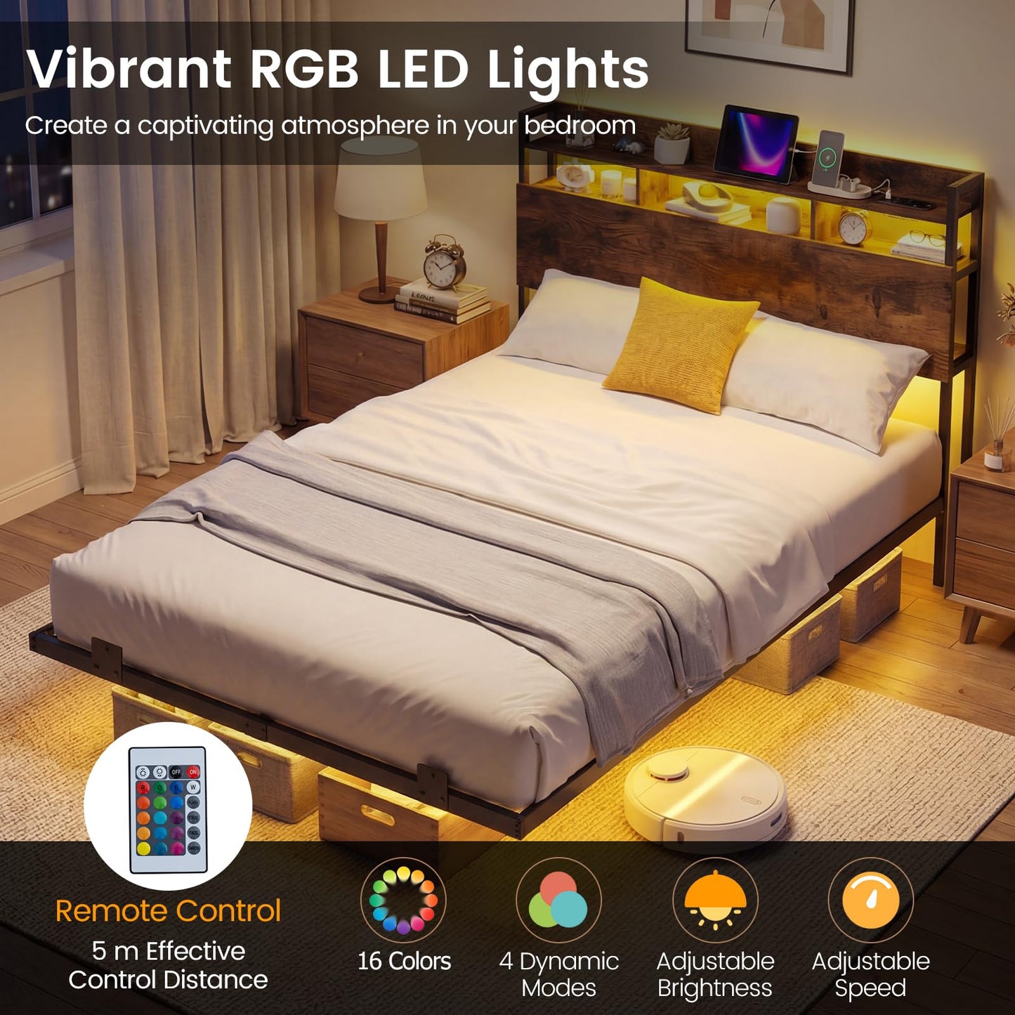 King Size Bed Frame with LED Lights and Charging Station