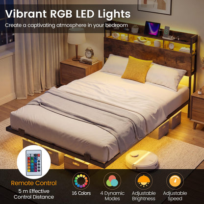 King Size Bed Frame with LED Lights and Charging Station