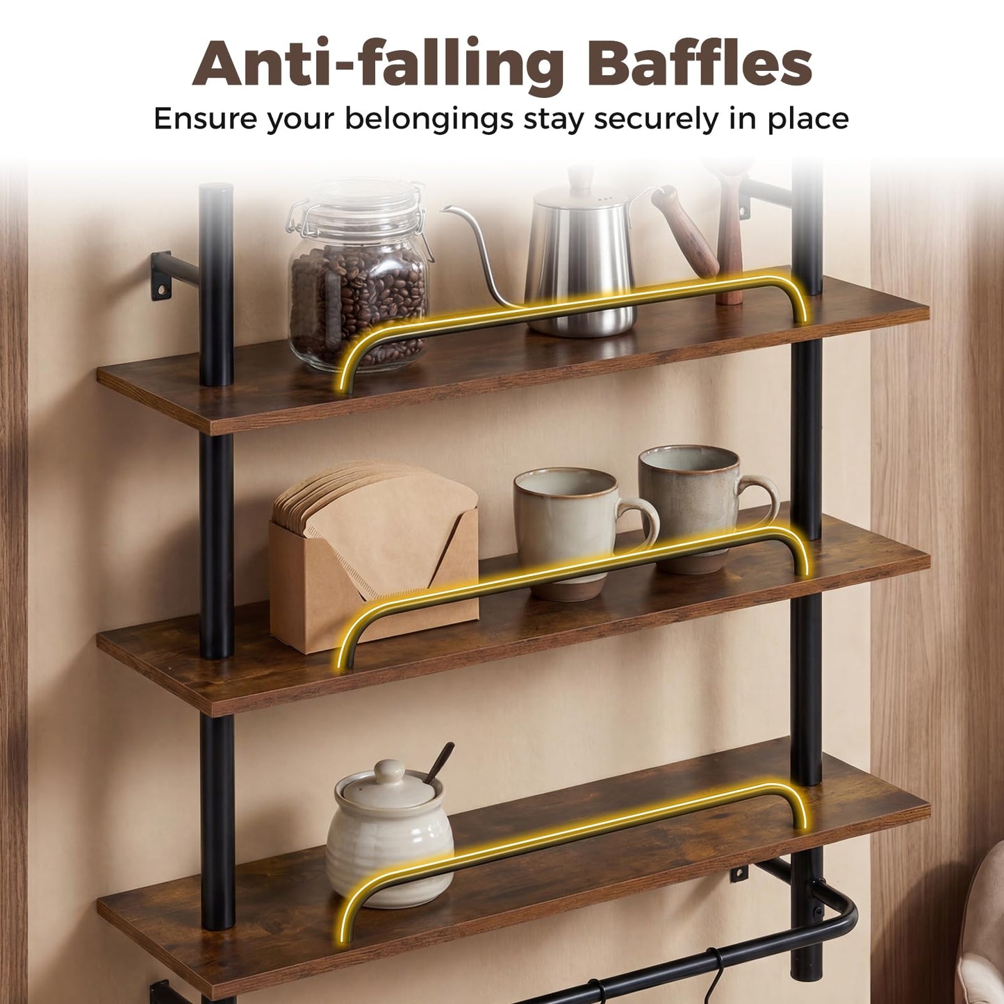 3-Tier Industrial Floating Shelves for Wall with 4 S-Shaped Hooks