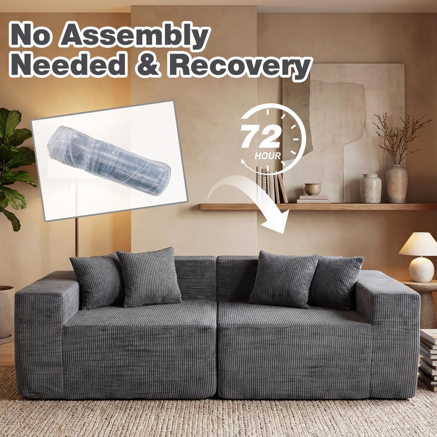 204cm Corduroy Boneless Sofa Couch with 4 Pillows