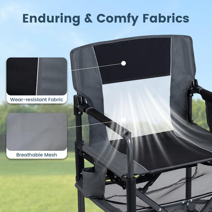 Folding Directors Chair, Oversized Camping Chairs (Black+Gray) | Cup Holder, Side Pocket, Bottle Opener